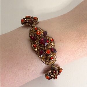 Vintage Germany Red Hyacinth Rhinestone Filigree Statement Bracelet